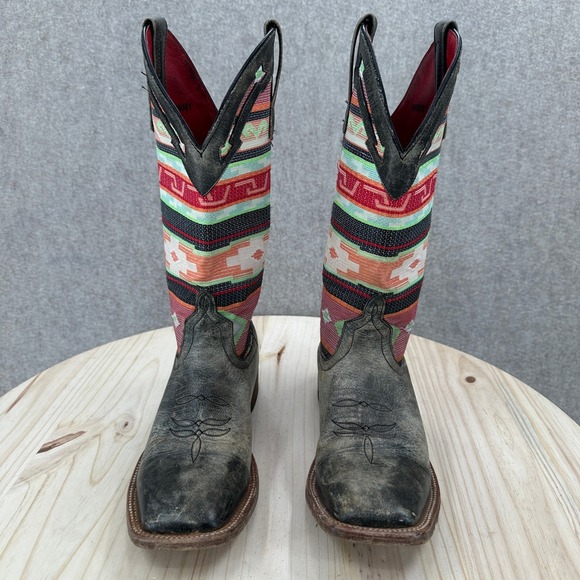 Macie Bean Women Size 8 Black Cracktacular Leather Aztec Serape Cowboy Boots - Picture 3 of 16